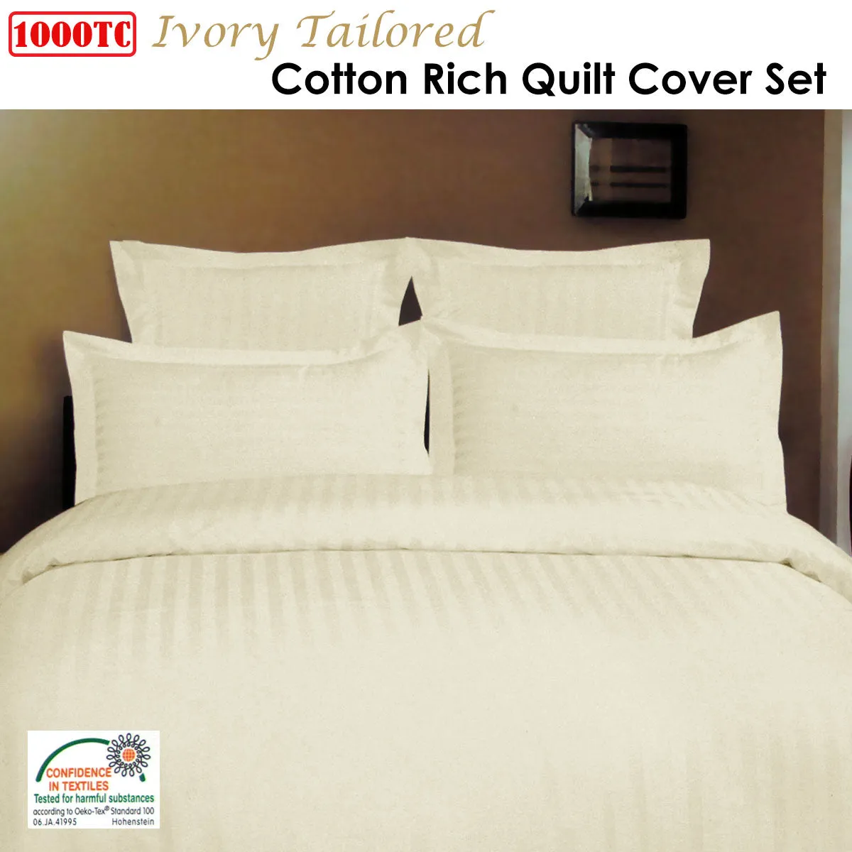 1000TC Self Striped Tailored Quilt Cover Set | Ivory | King