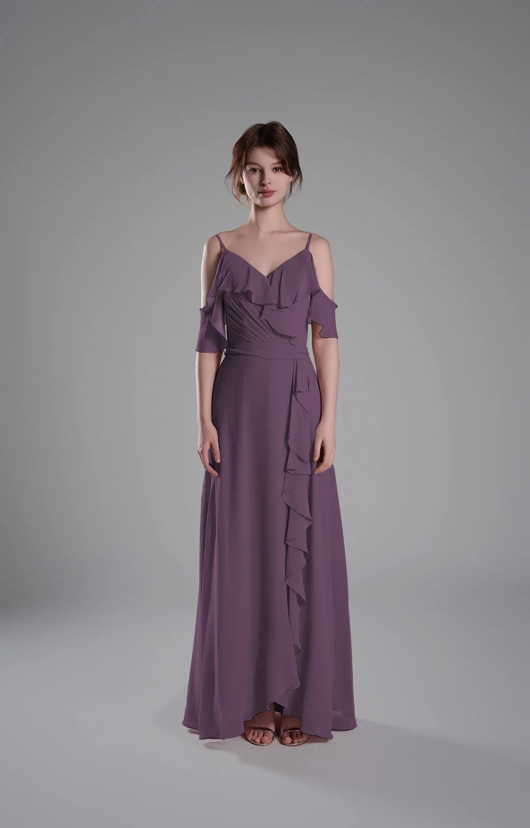 Adjustable Straps Ruffled Chiffon Long Dresses