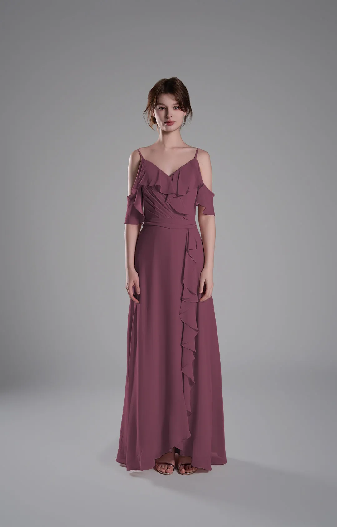 Adjustable Straps Ruffled Chiffon Long Dresses