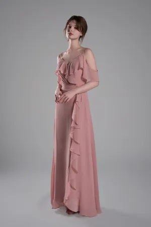 Adjustable Straps Ruffled Chiffon Long Dresses