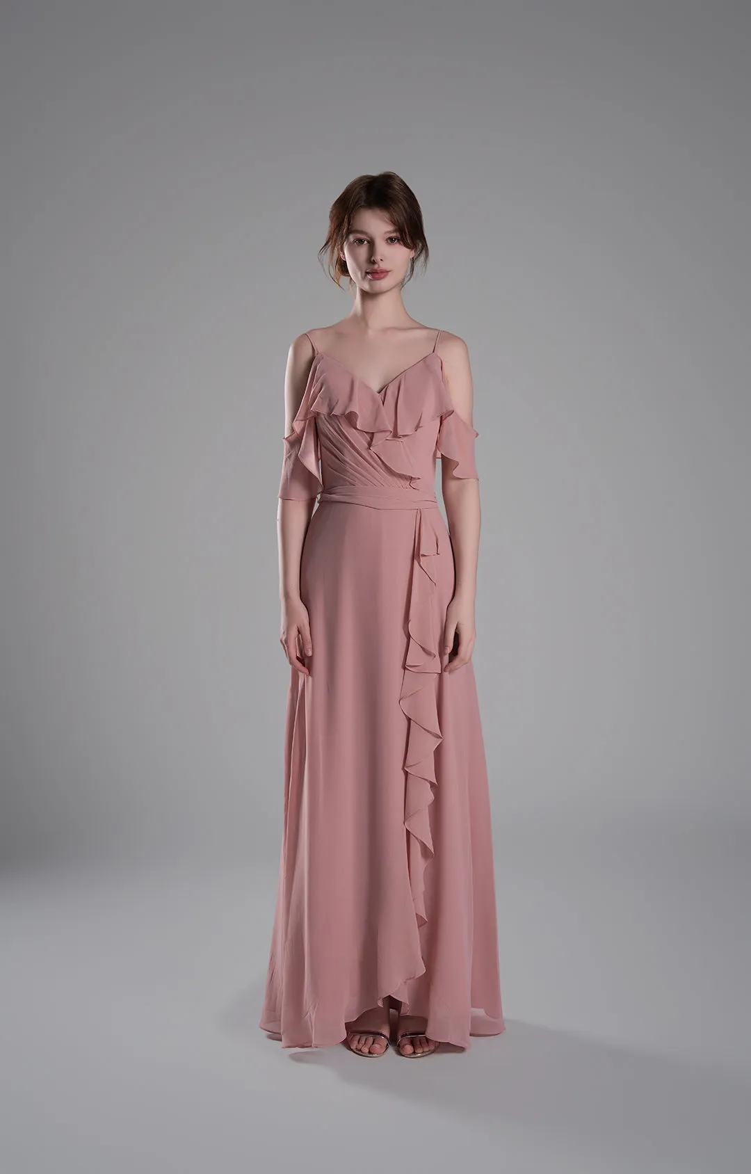 Adjustable Straps Ruffled Chiffon Long Dresses