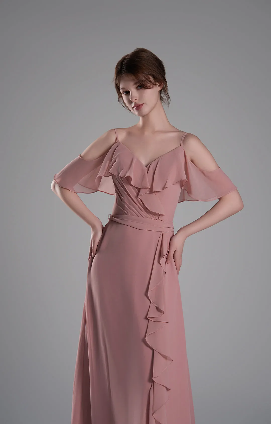 Adjustable Straps Ruffled Chiffon Long Dresses