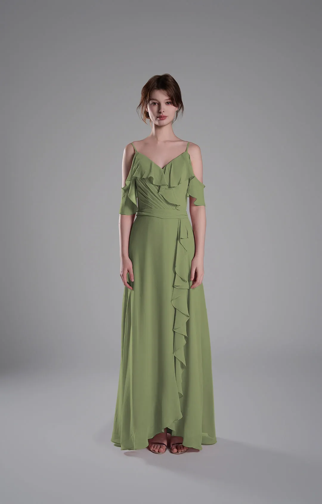 Adjustable Straps Ruffled Chiffon Long Dresses