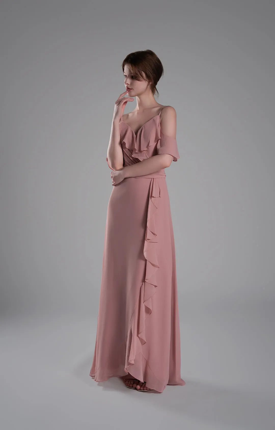 Adjustable Straps Ruffled Chiffon Long Dresses