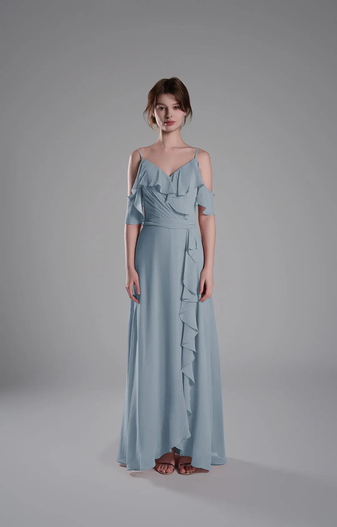 Adjustable Straps Ruffled Chiffon Long Dresses