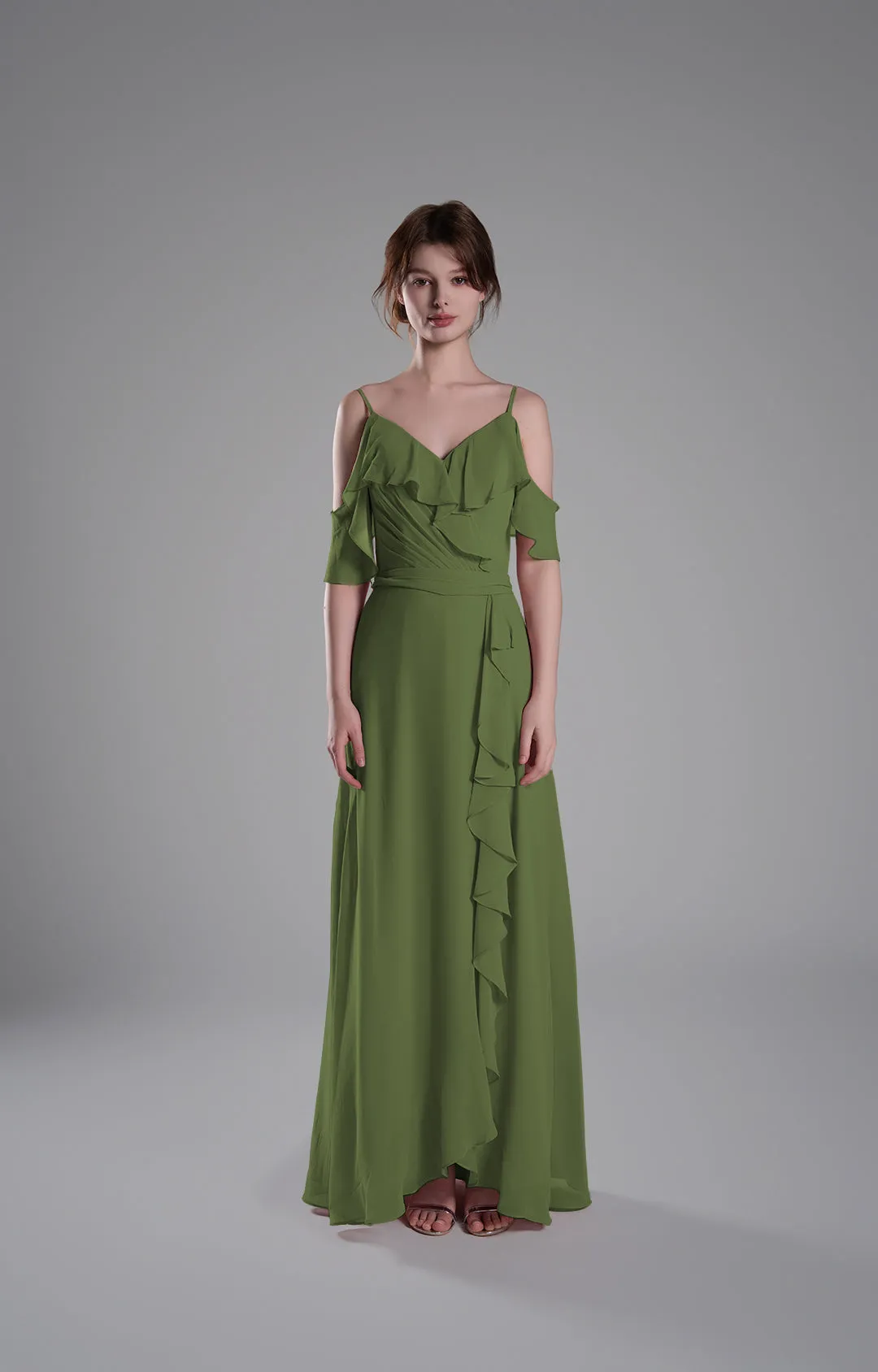 Adjustable Straps Ruffled Chiffon Long Dresses