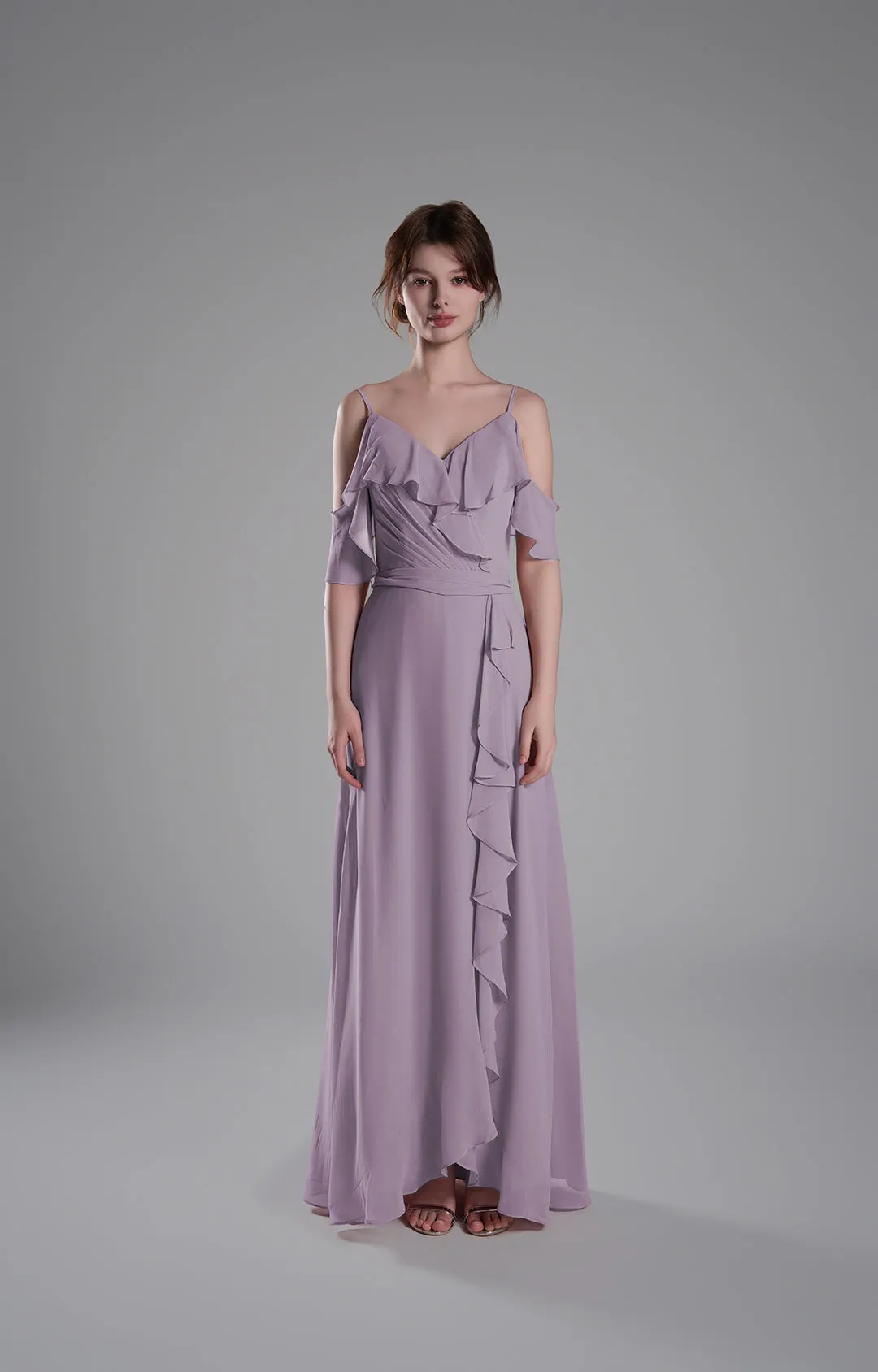 Adjustable Straps Ruffled Chiffon Long Dresses