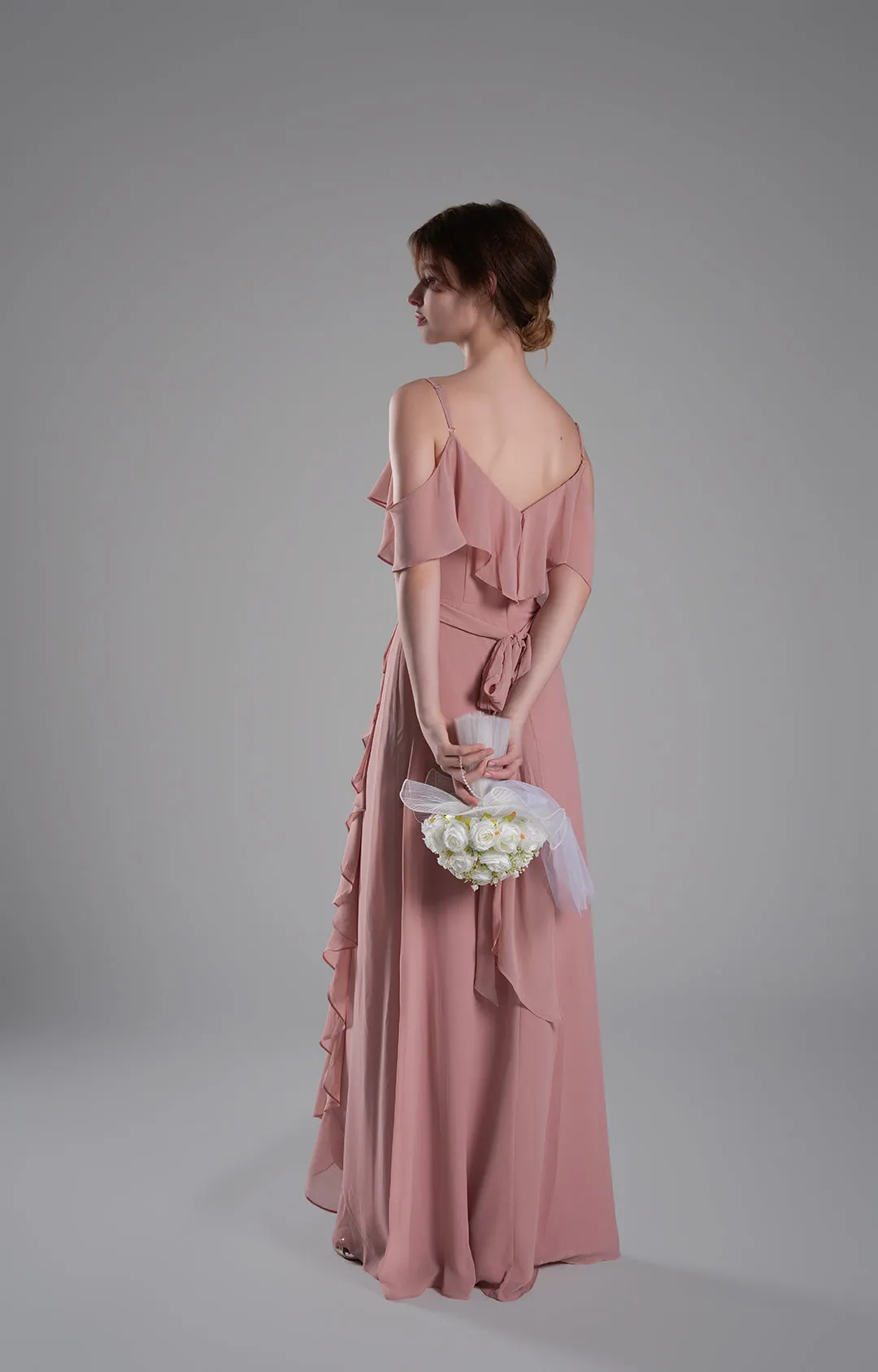 Adjustable Straps Ruffled Chiffon Long Dresses