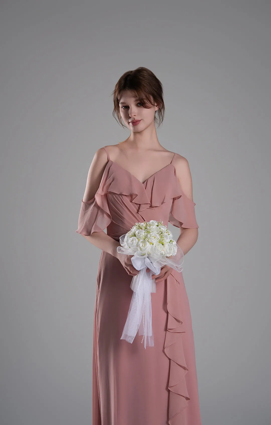 Adjustable Straps Ruffled Chiffon Long Dresses