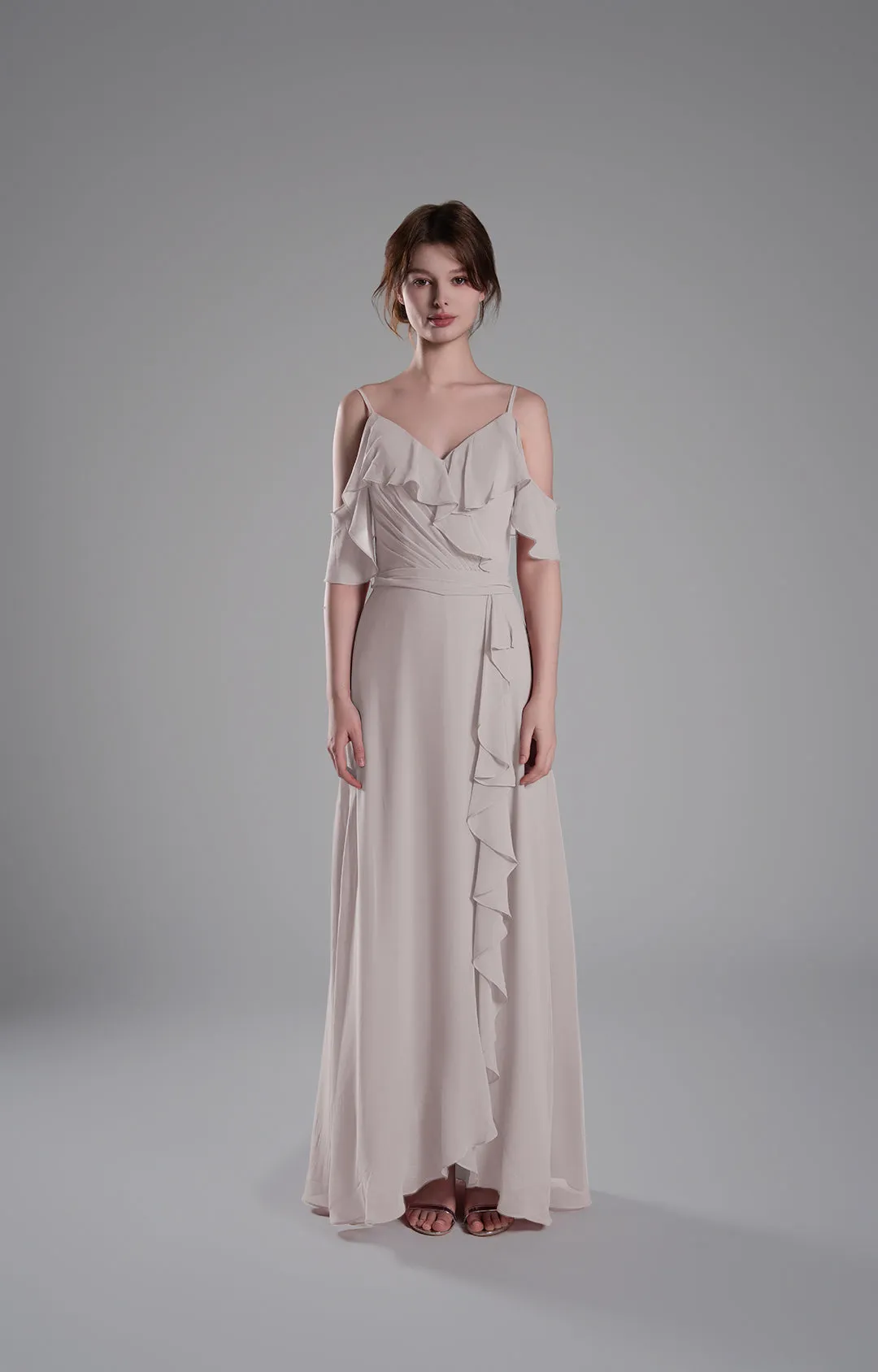 Adjustable Straps Ruffled Chiffon Long Dresses