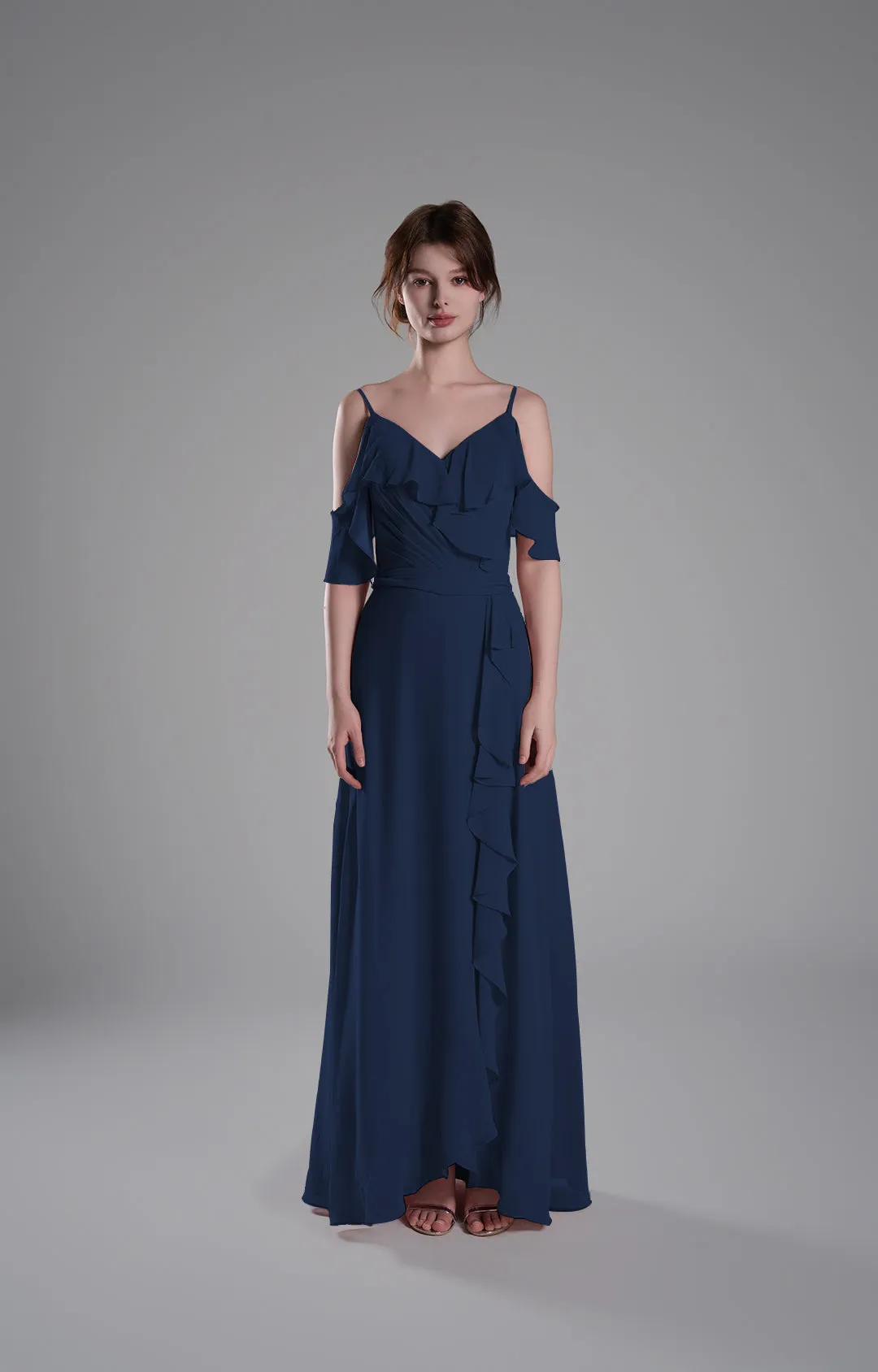 Adjustable Straps Ruffled Chiffon Long Dresses