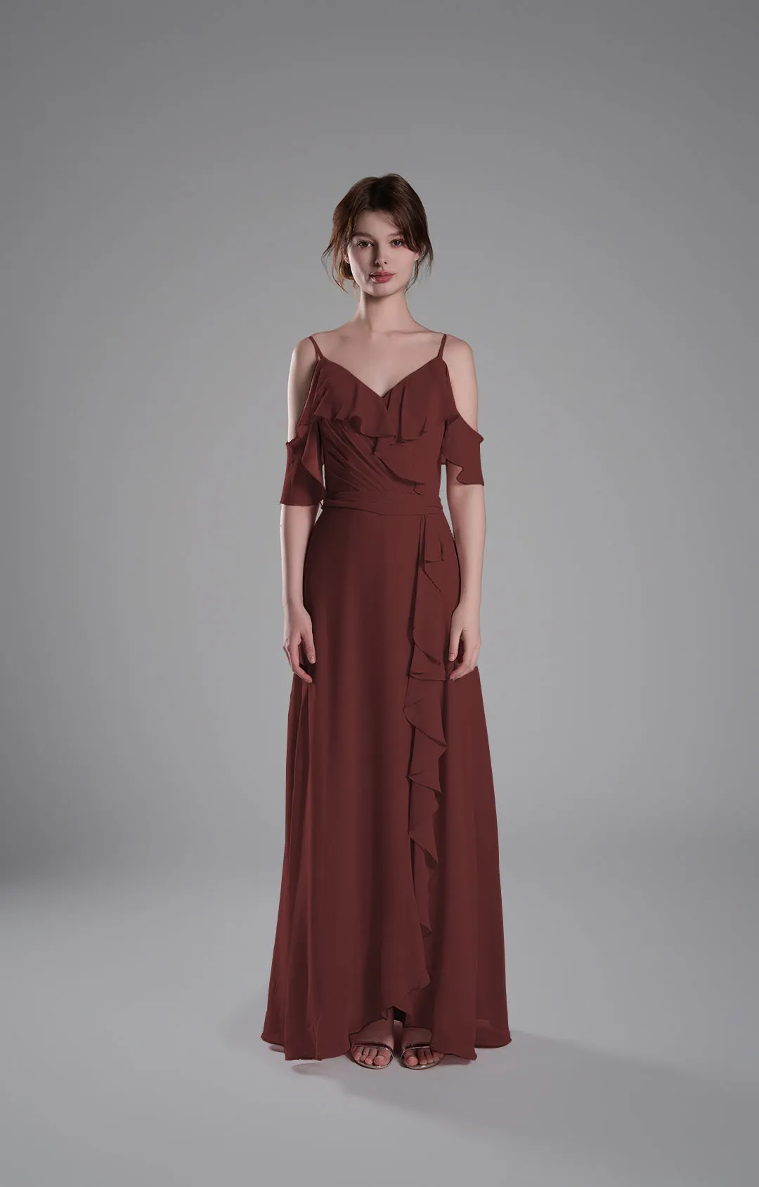 Adjustable Straps Ruffled Chiffon Long Dresses