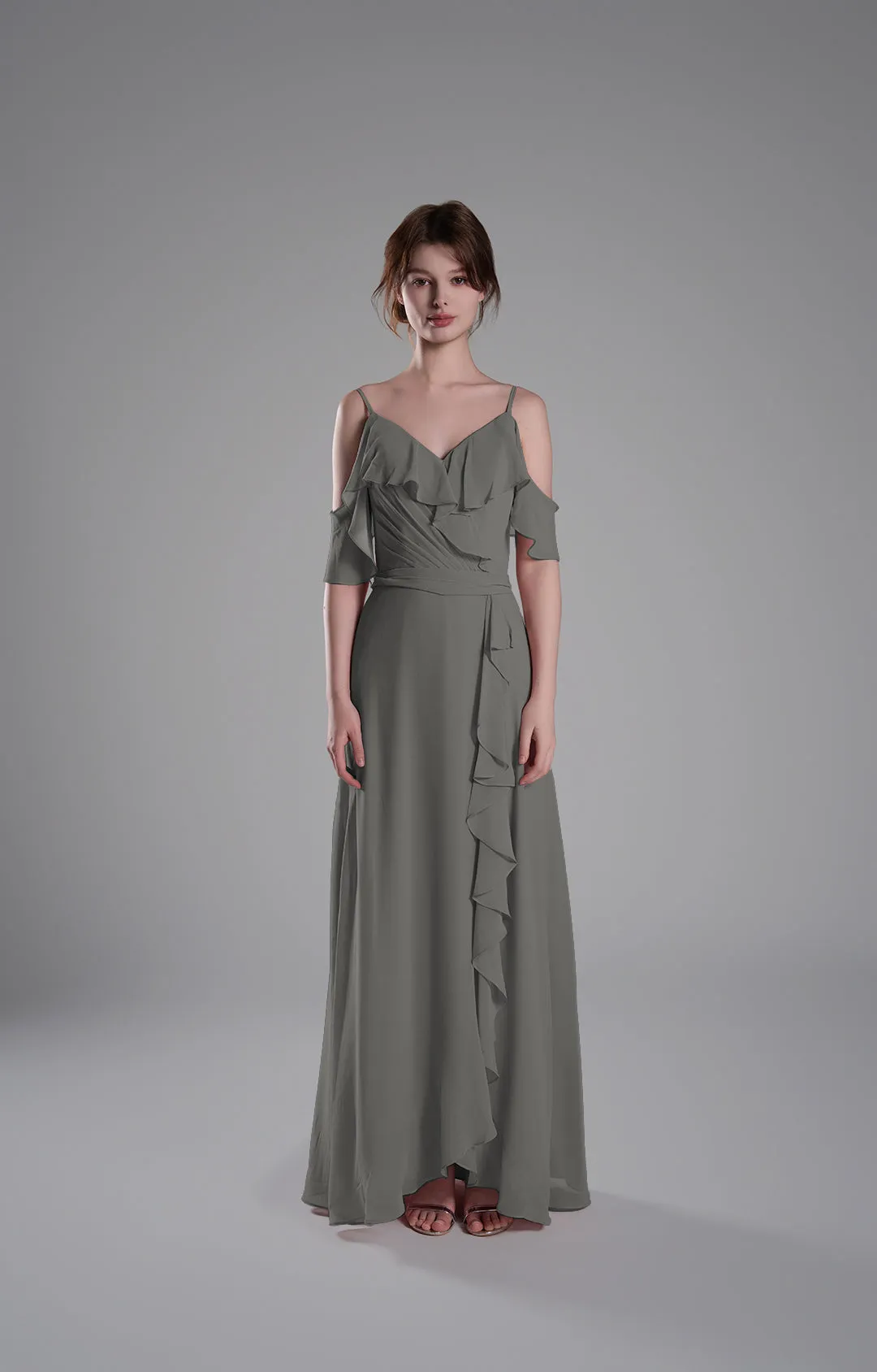 Adjustable Straps Ruffled Chiffon Long Dresses
