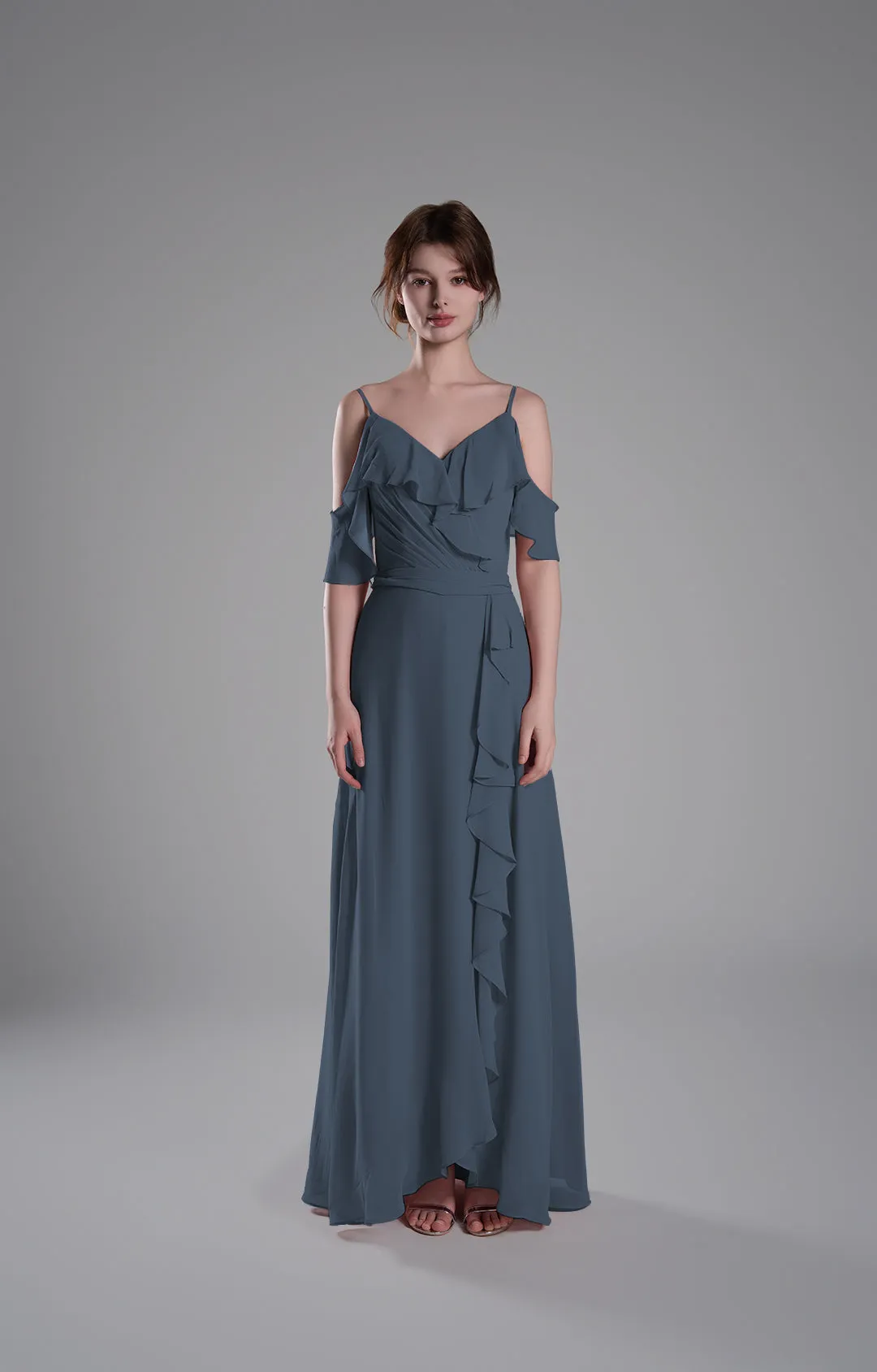 Adjustable Straps Ruffled Chiffon Long Dresses