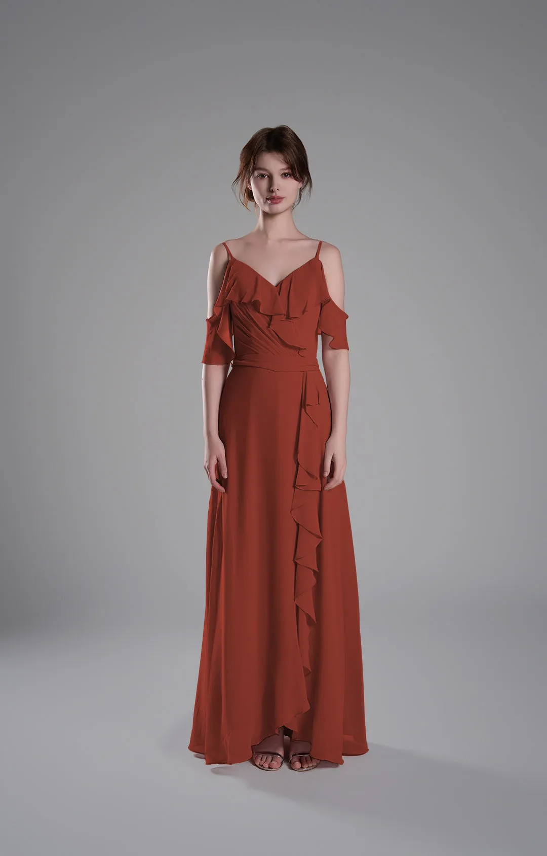 Adjustable Straps Ruffled Chiffon Long Dresses