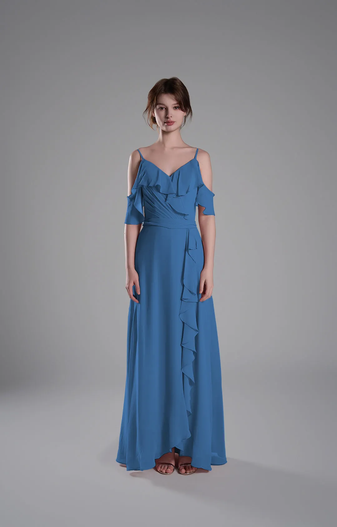 Adjustable Straps Ruffled Chiffon Long Dresses