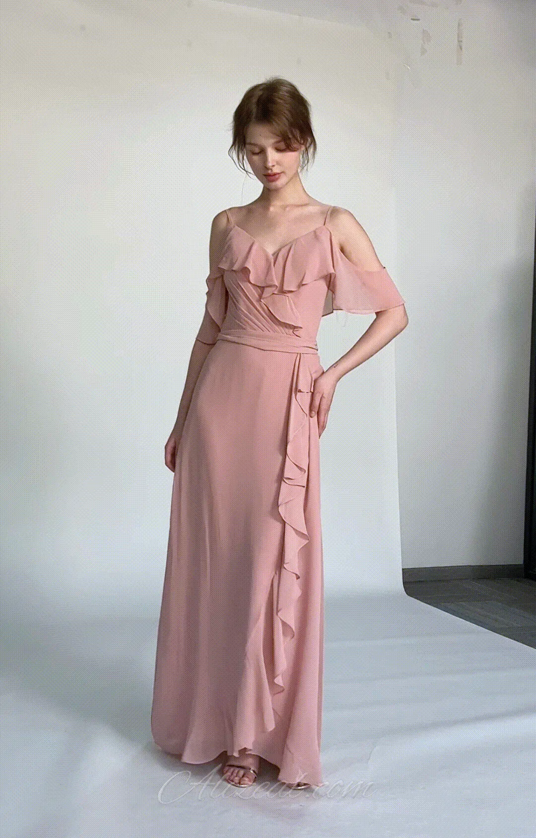 Adjustable Straps Ruffled Chiffon Long Dresses