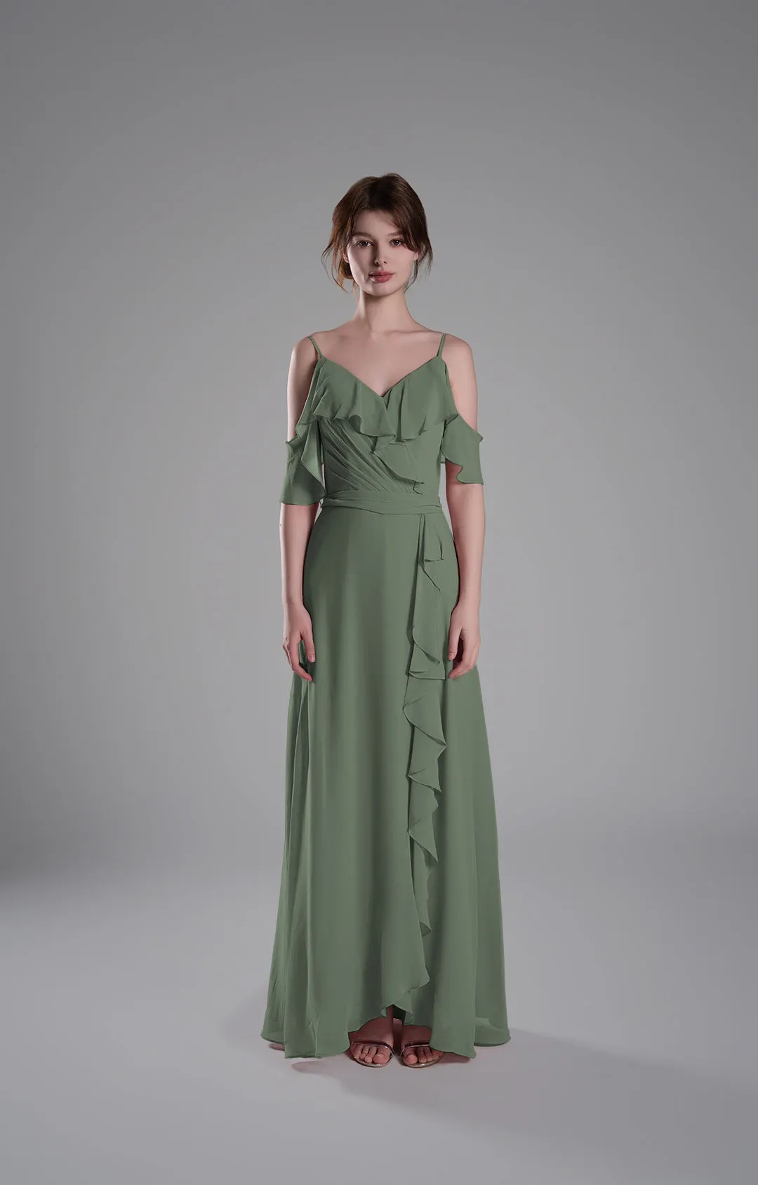 Adjustable Straps Ruffled Chiffon Long Dresses