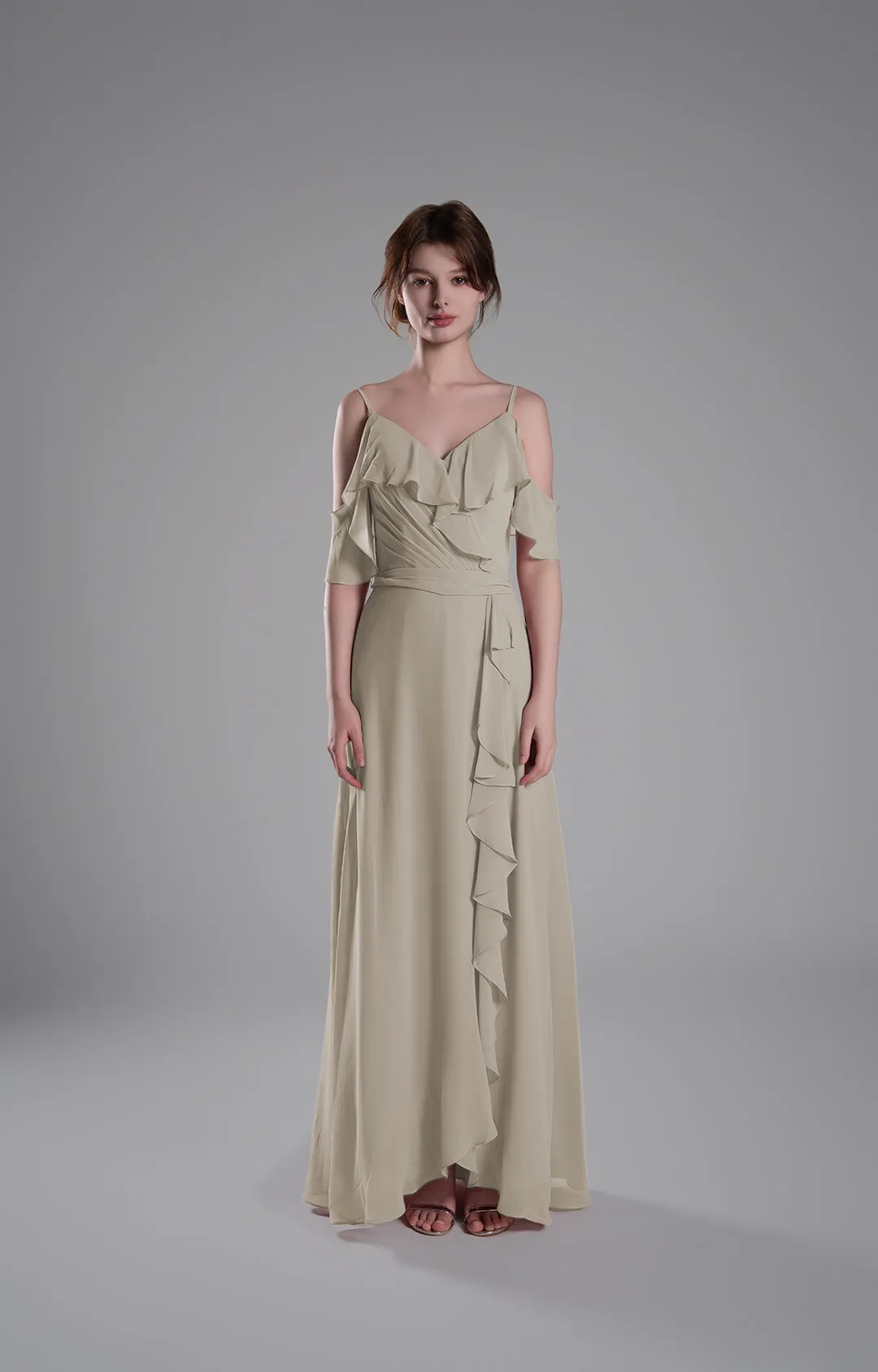 Adjustable Straps Ruffled Chiffon Long Dresses