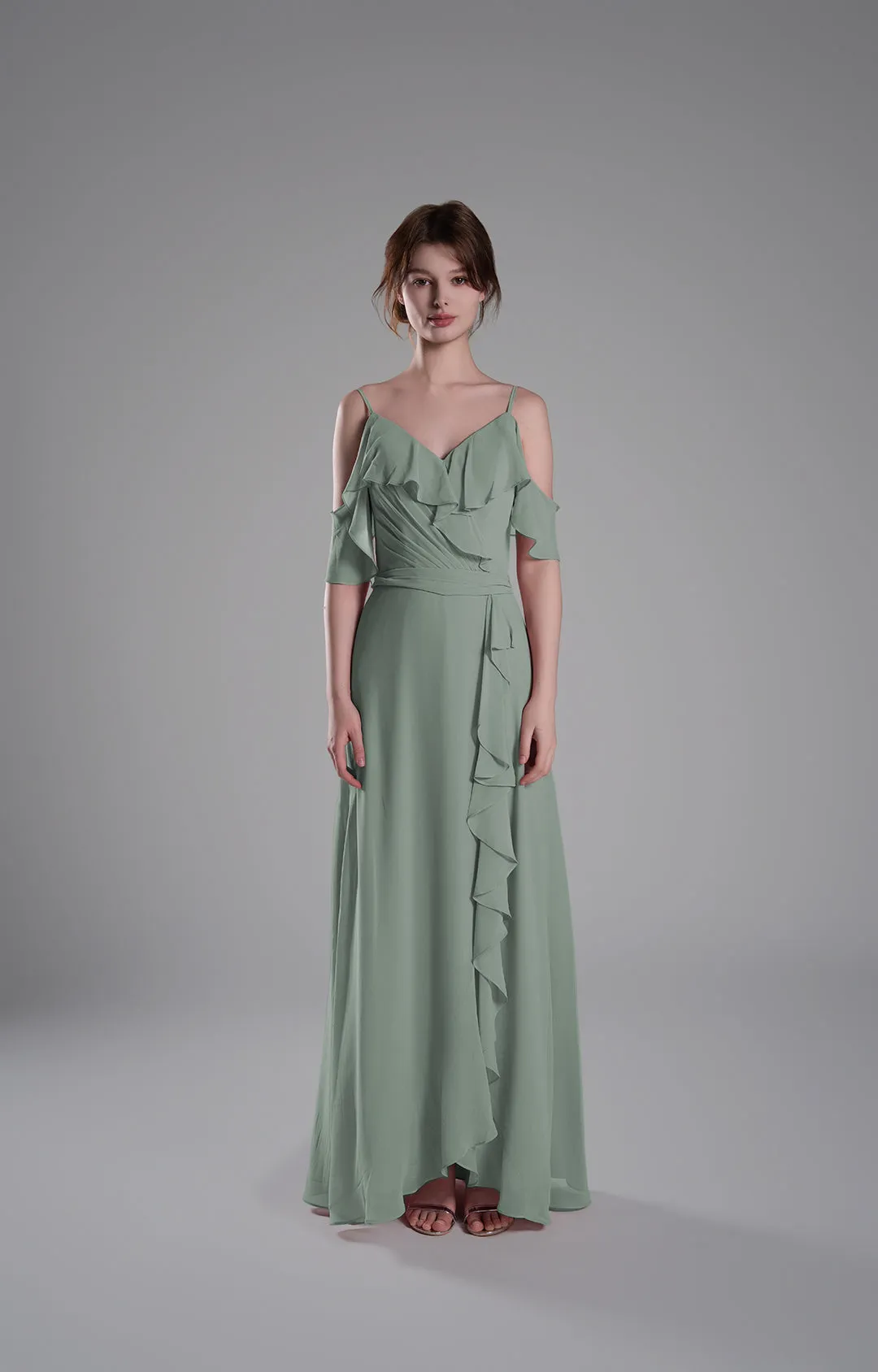 Adjustable Straps Ruffled Chiffon Long Dresses