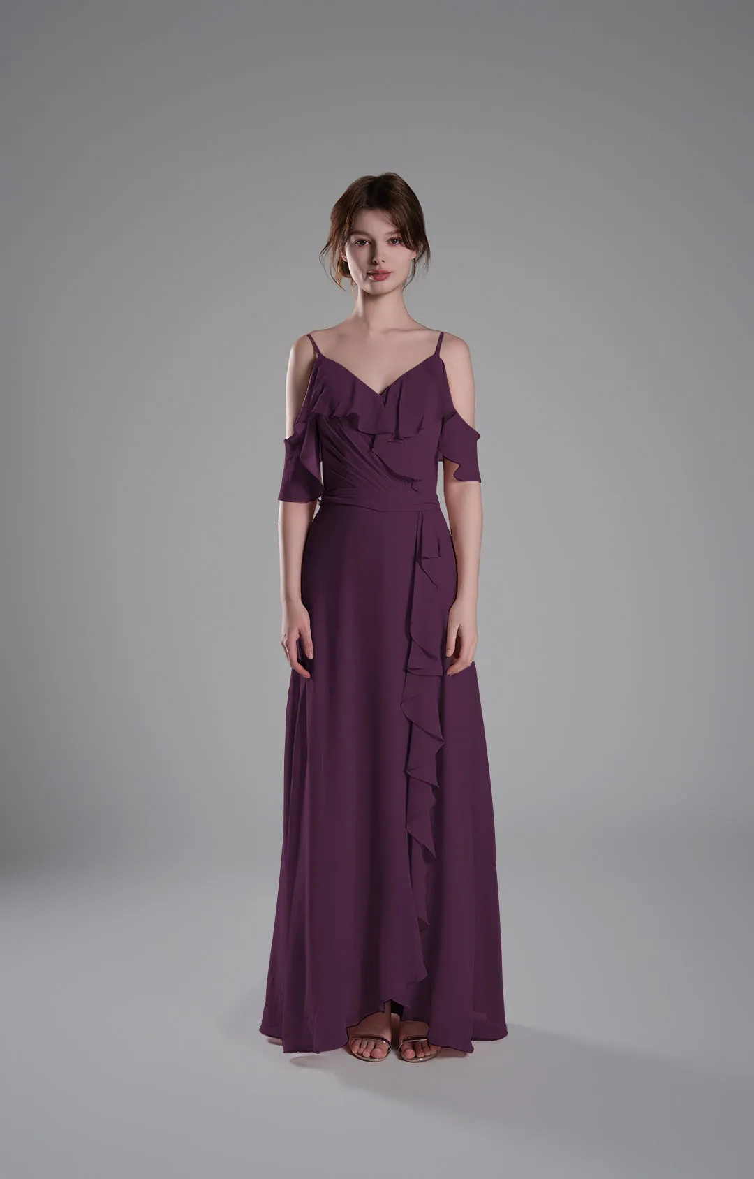 Adjustable Straps Ruffled Chiffon Long Dresses