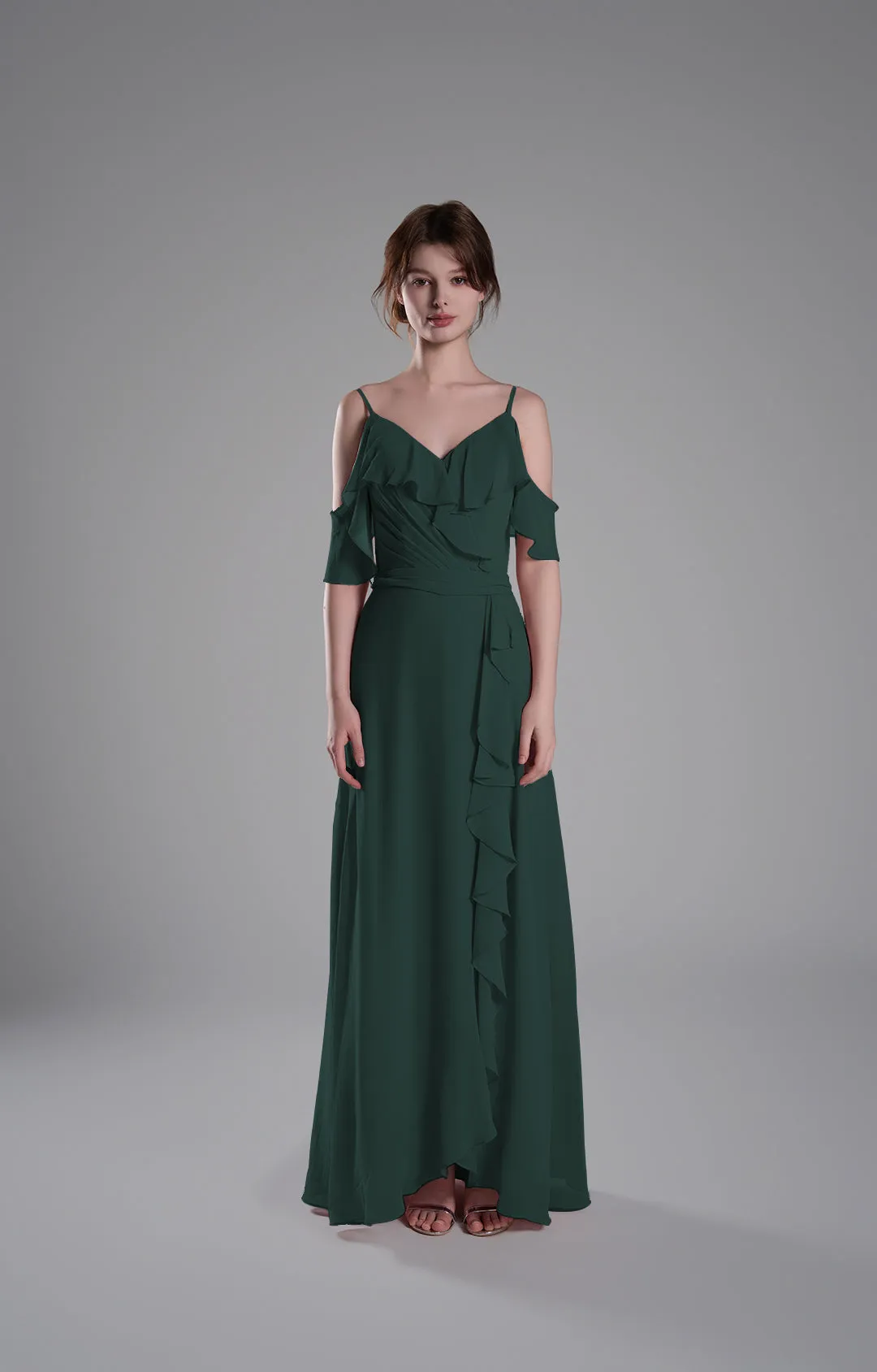 Adjustable Straps Ruffled Chiffon Long Dresses
