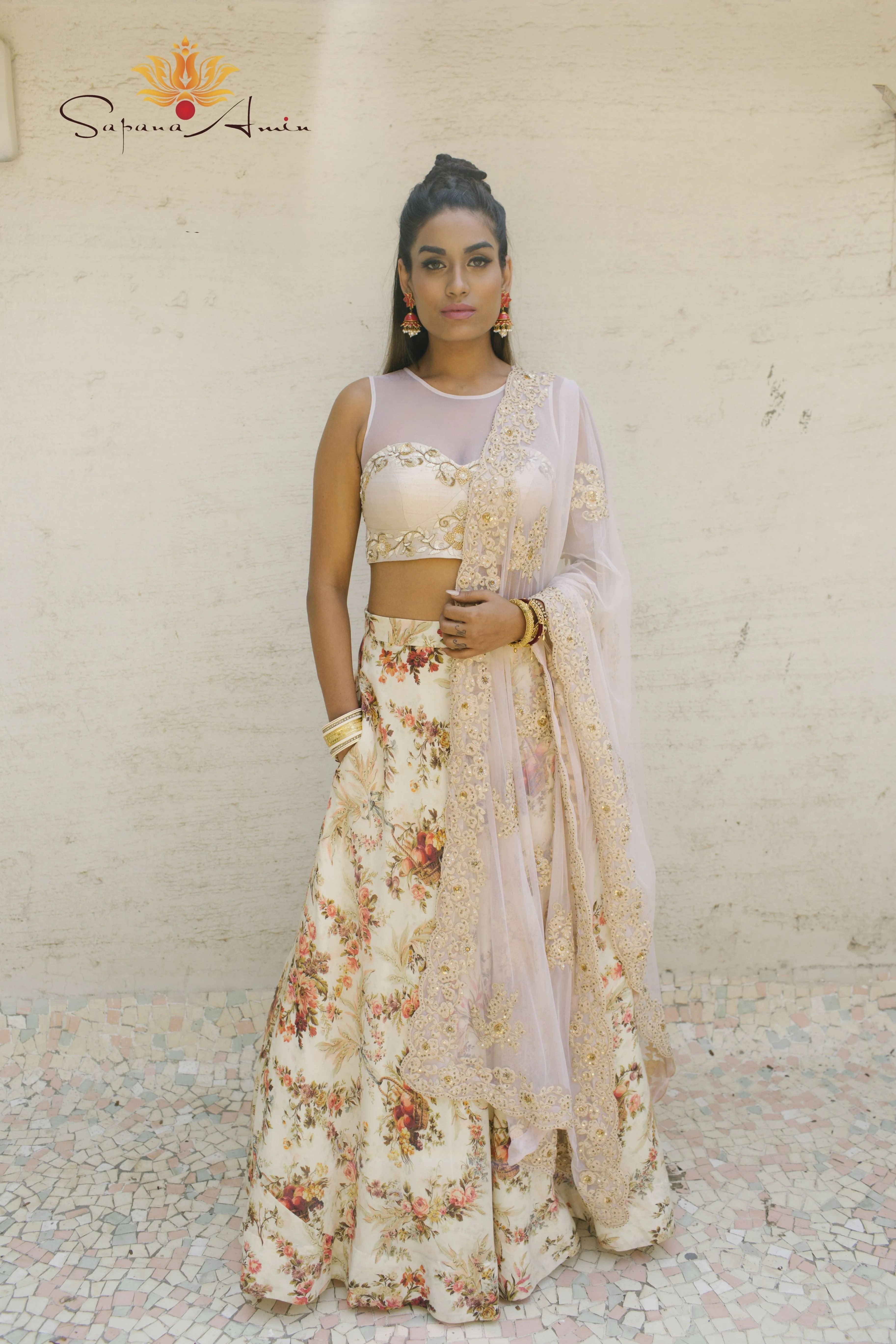 Ivory Blouse and Vintage Floral Fruit Basket Lehenga   Elegant Wear.