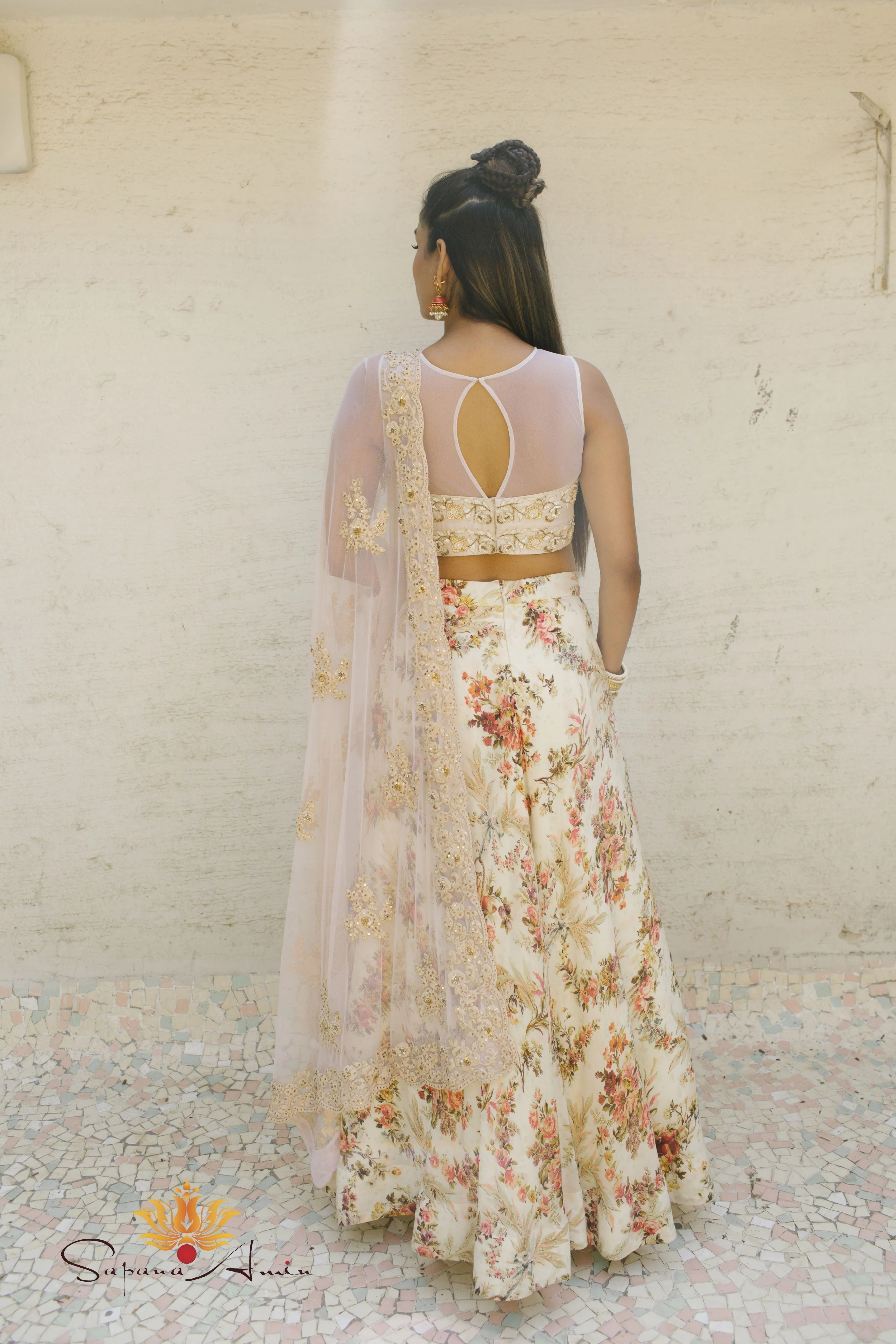 Ivory Blouse and Vintage Floral Fruit Basket Lehenga   Elegant Wear.