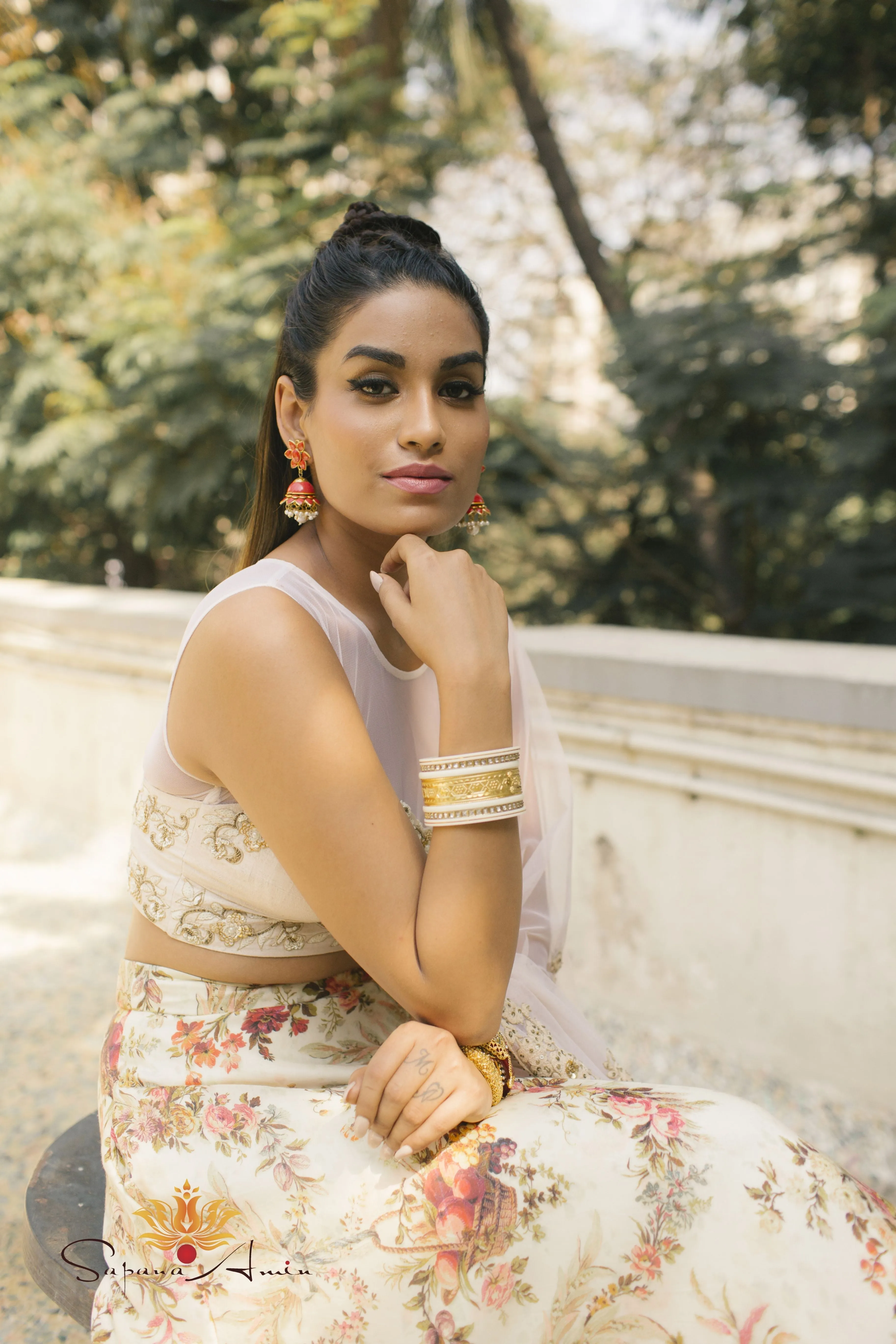 Ivory Blouse and Vintage Floral Fruit Basket Lehenga   Elegant Wear.