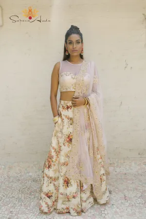 Ivory Blouse and Vintage Floral Fruit Basket Lehenga   Elegant Wear.