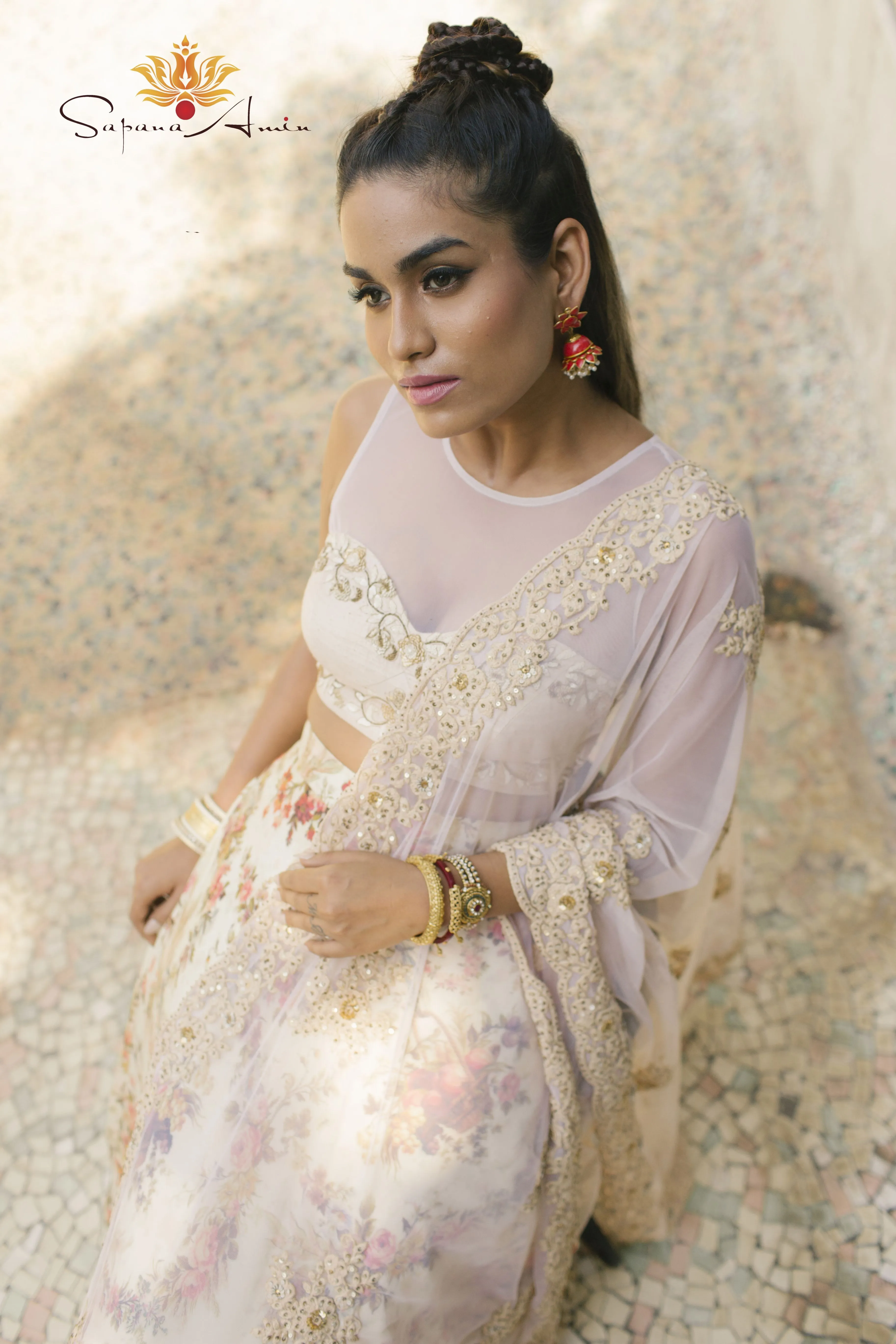Ivory Blouse and Vintage Floral Fruit Basket Lehenga   Elegant Wear.