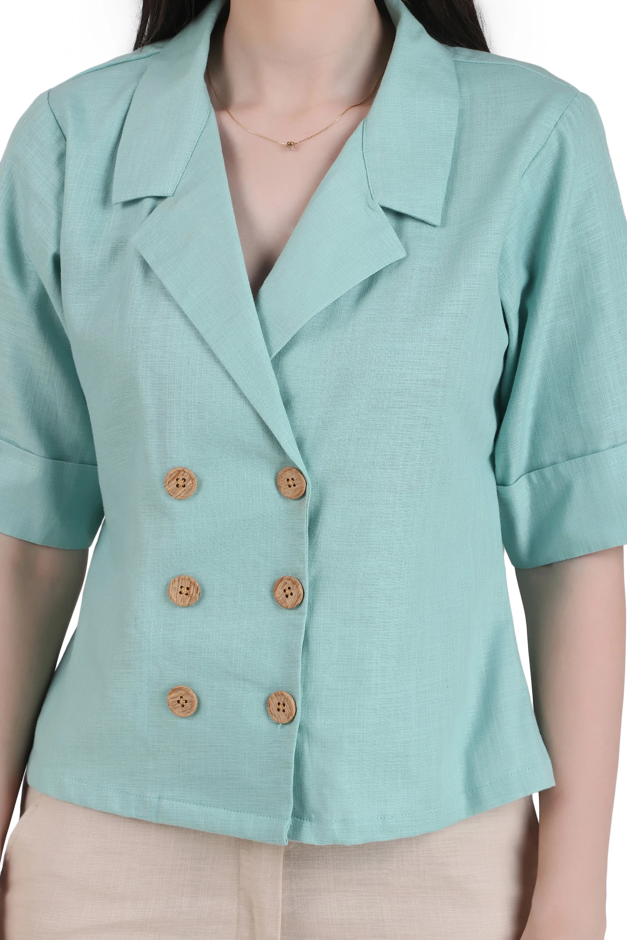 Linen Open Collar Double Breasted Shirt, Pastel Green