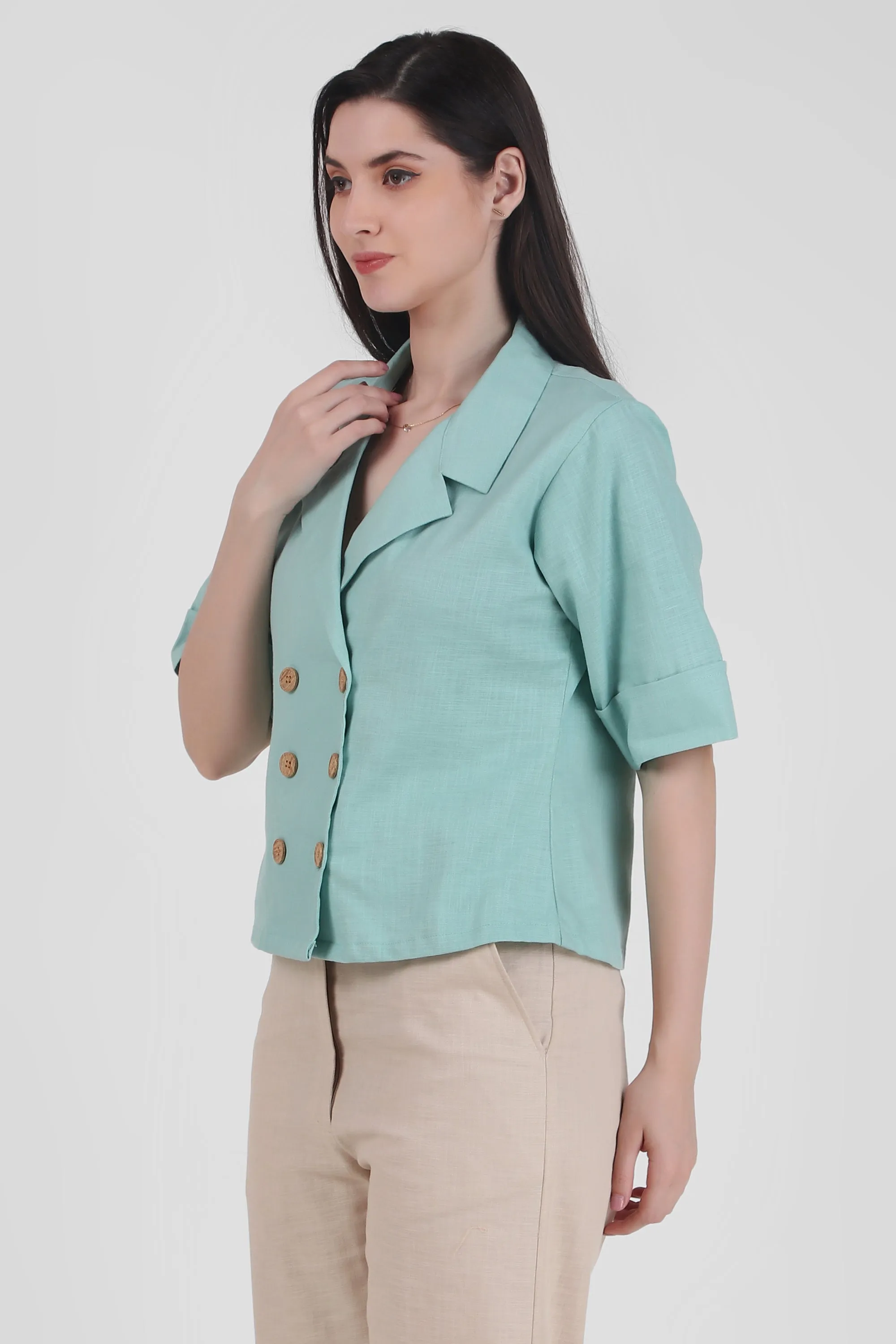 Linen Open Collar Double Breasted Shirt, Pastel Green