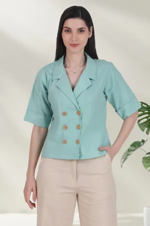 Linen Open Collar Double Breasted Shirt, Pastel Green