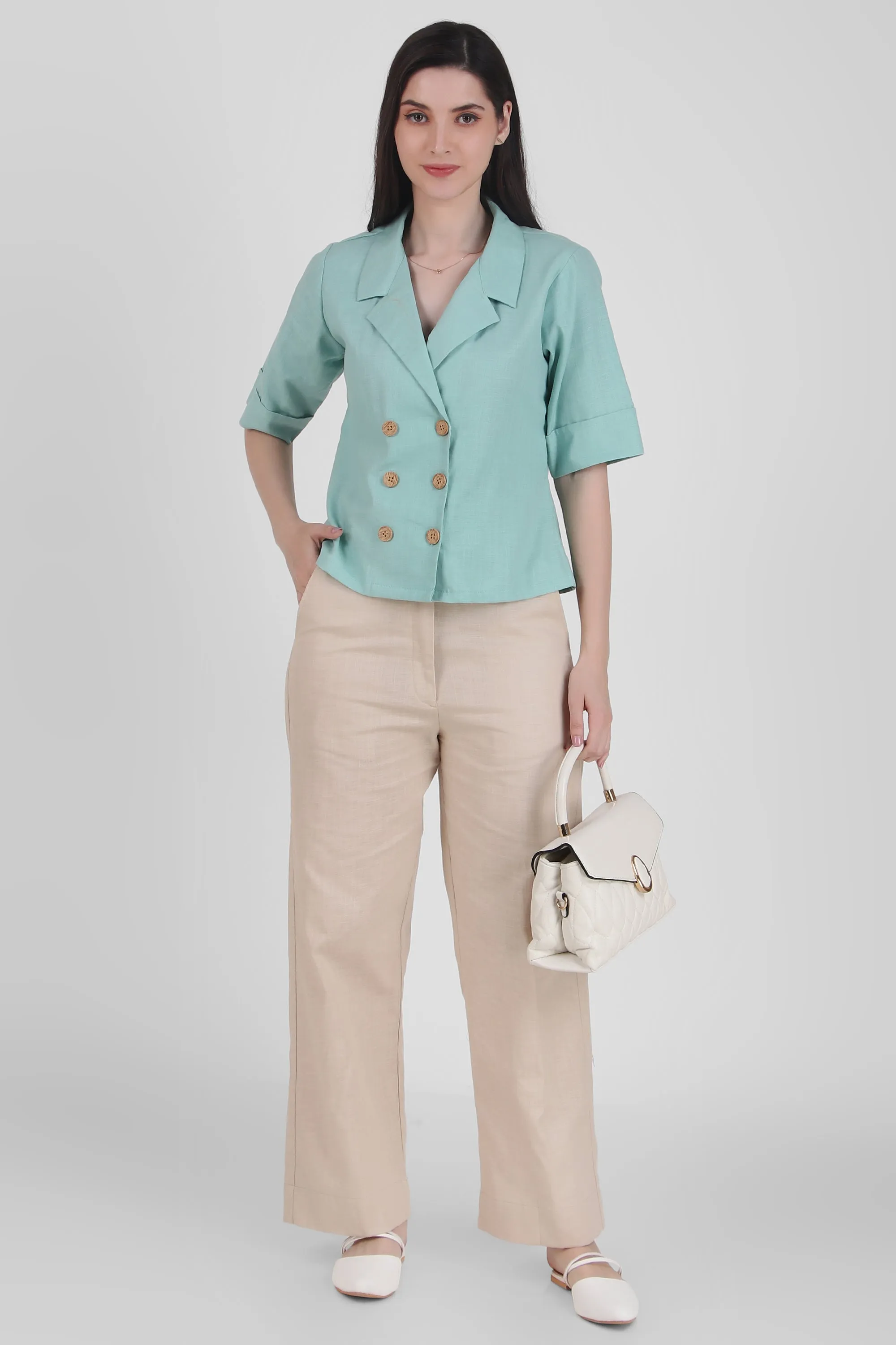Linen Open Collar Double Breasted Shirt, Pastel Green