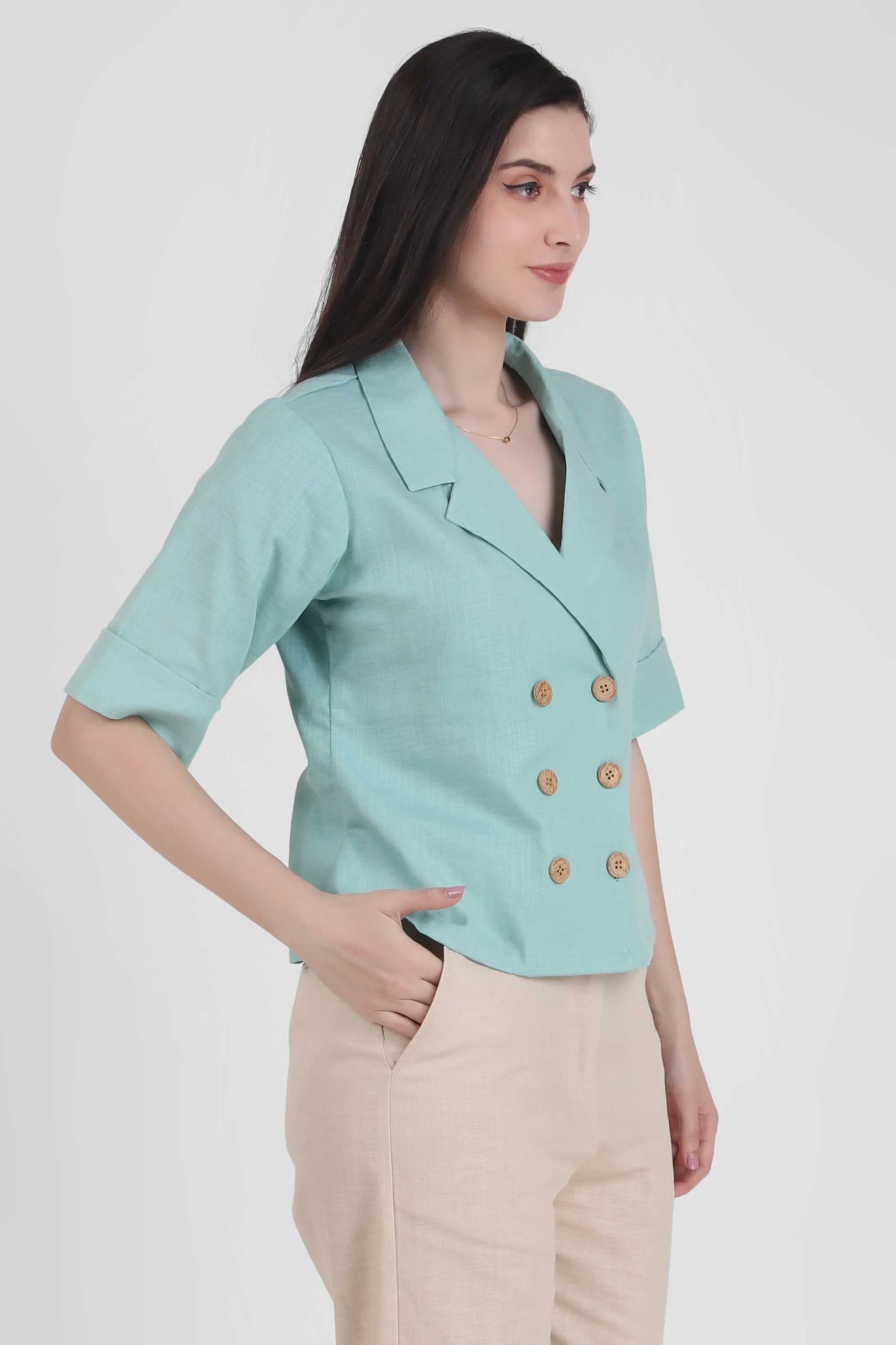 Linen Open Collar Double Breasted Shirt, Pastel Green