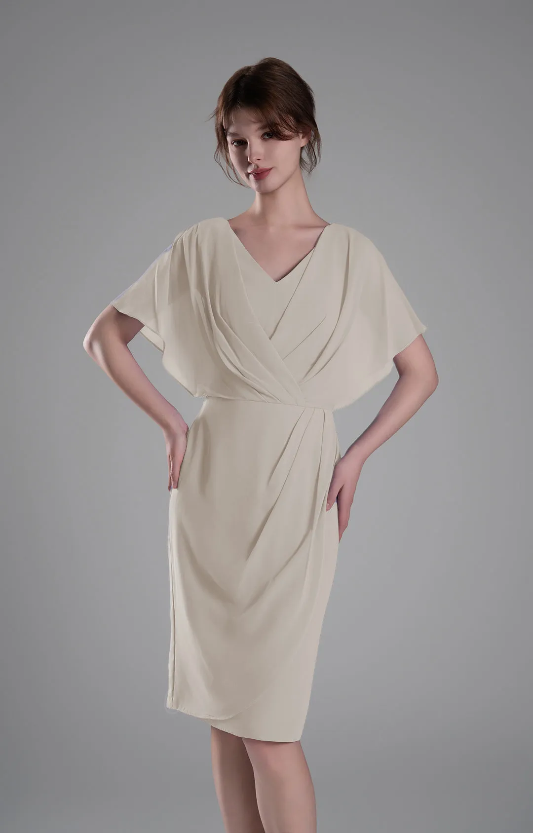 V-neck Pleated Cape Knee-length Dresses
