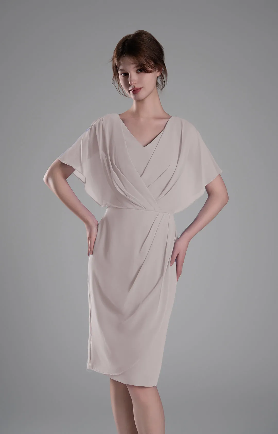 V-neck Pleated Cape Knee-length Dresses