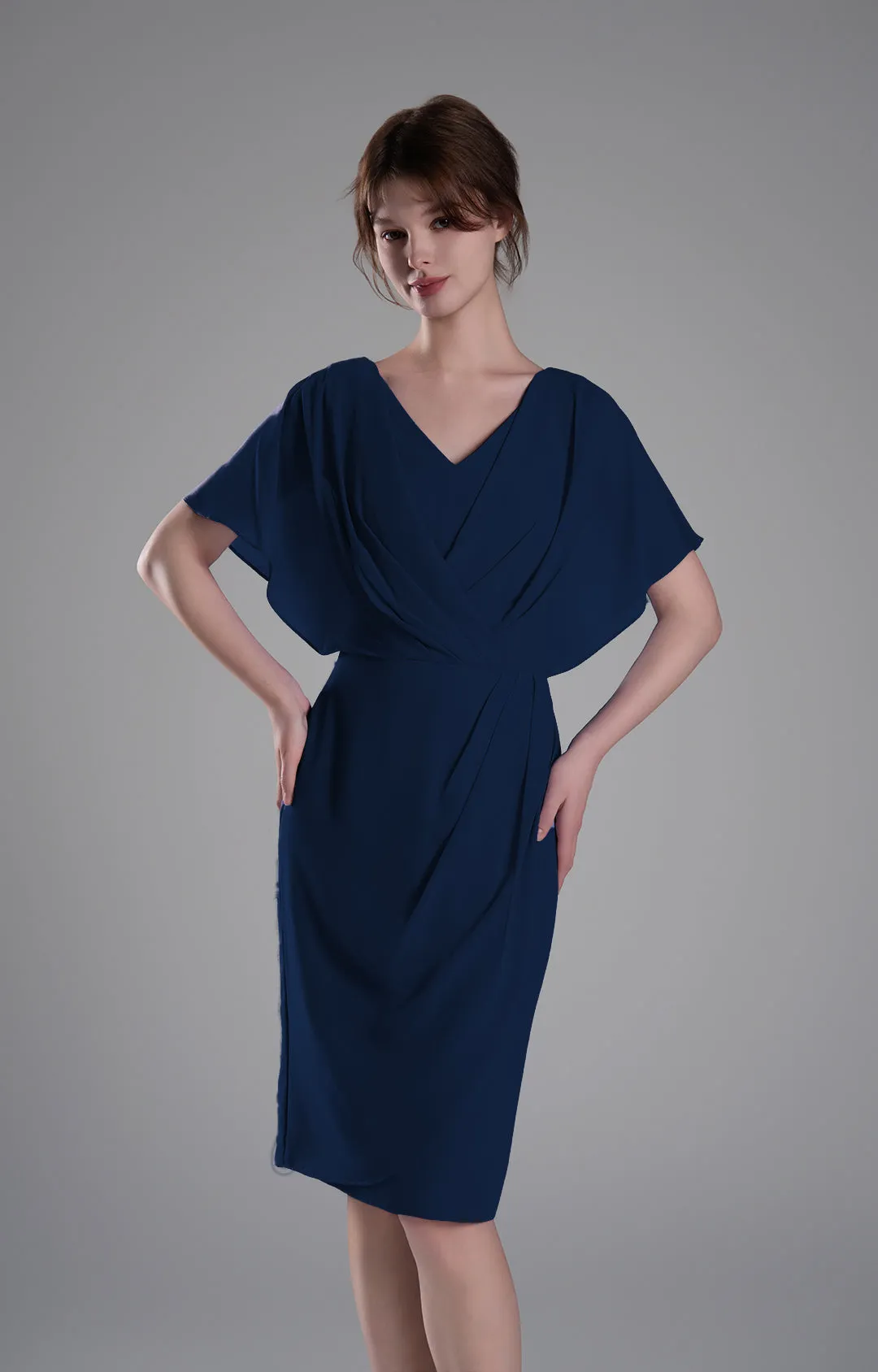 V-neck Pleated Cape Knee-length Dresses