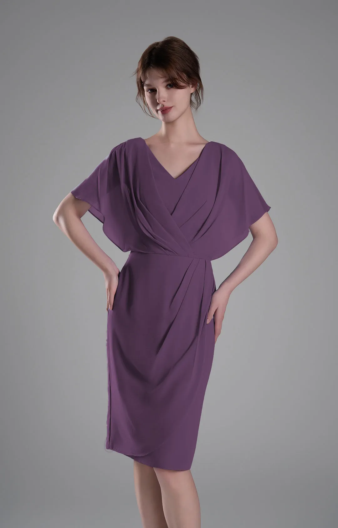 V-neck Pleated Cape Knee-length Dresses