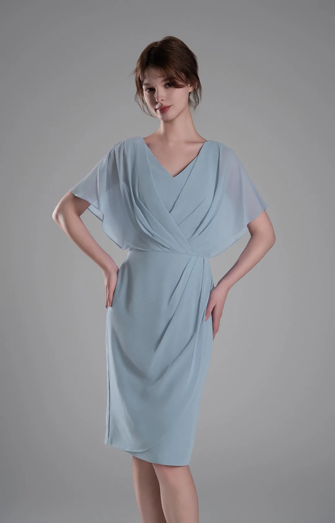 V-neck Pleated Cape Knee-length Dresses