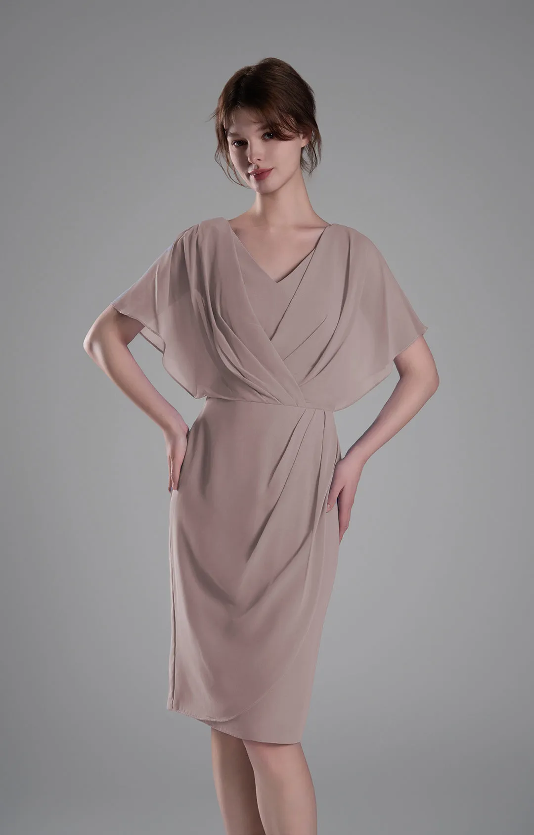 V-neck Pleated Cape Knee-length Dresses