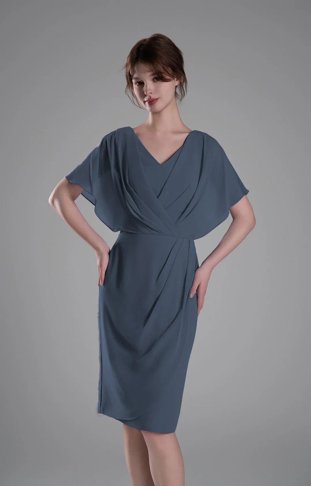 V-neck Pleated Cape Knee-length Dresses