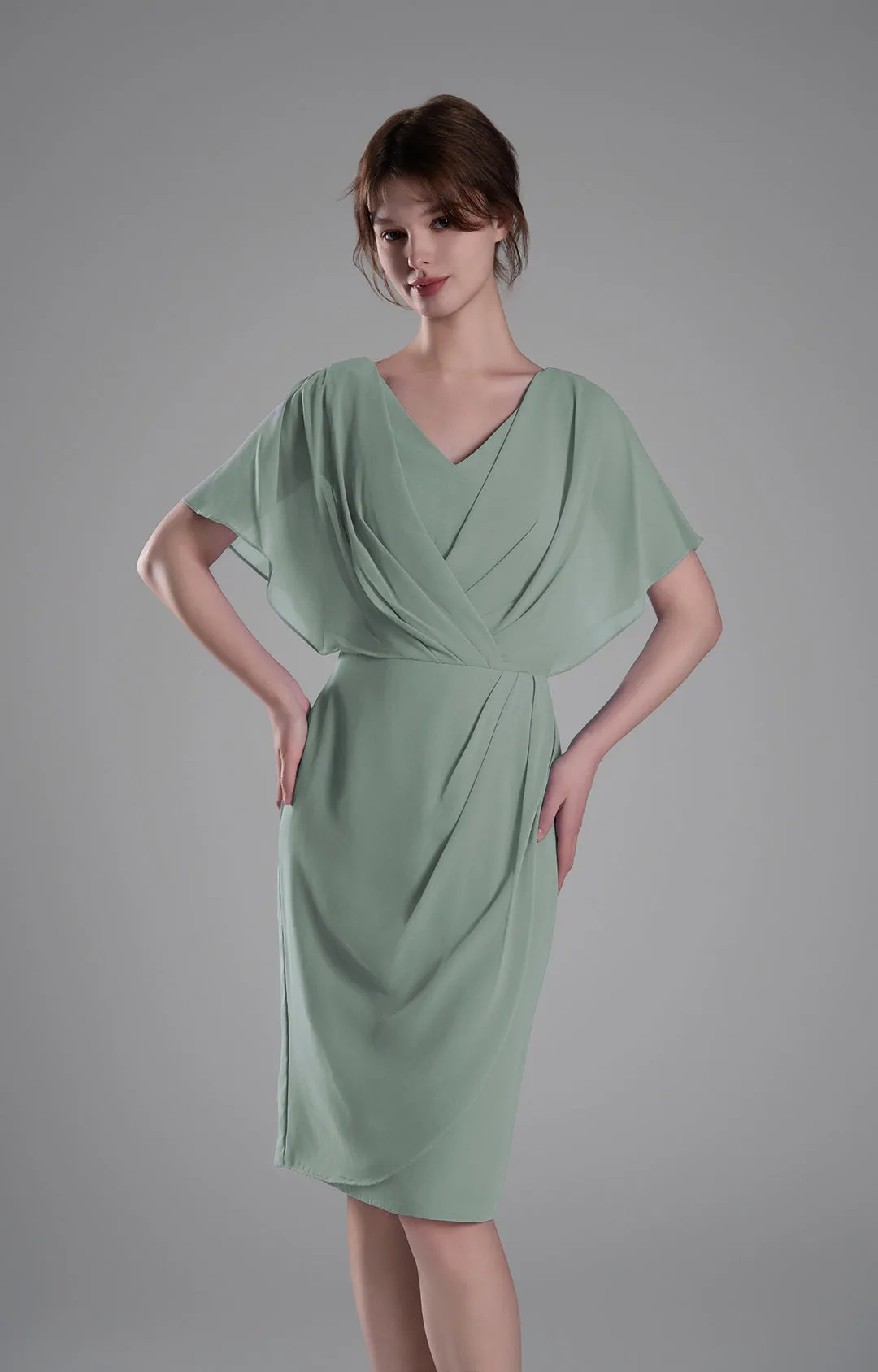 V-neck Pleated Cape Knee-length Dresses