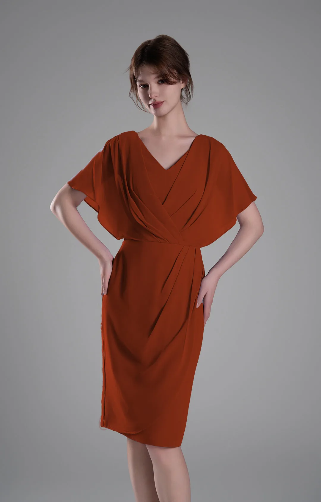 V-neck Pleated Cape Knee-length Dresses