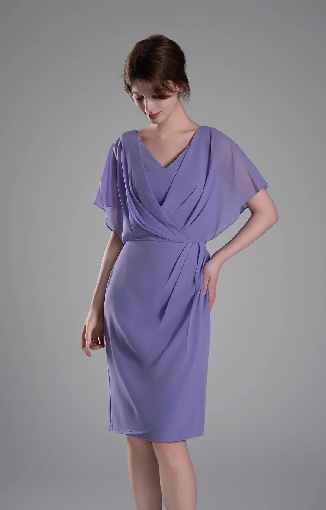 V-neck Pleated Cape Knee-length Dresses