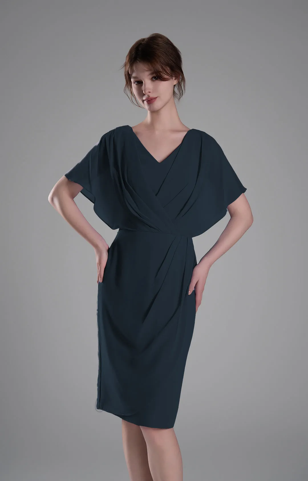 V-neck Pleated Cape Knee-length Dresses