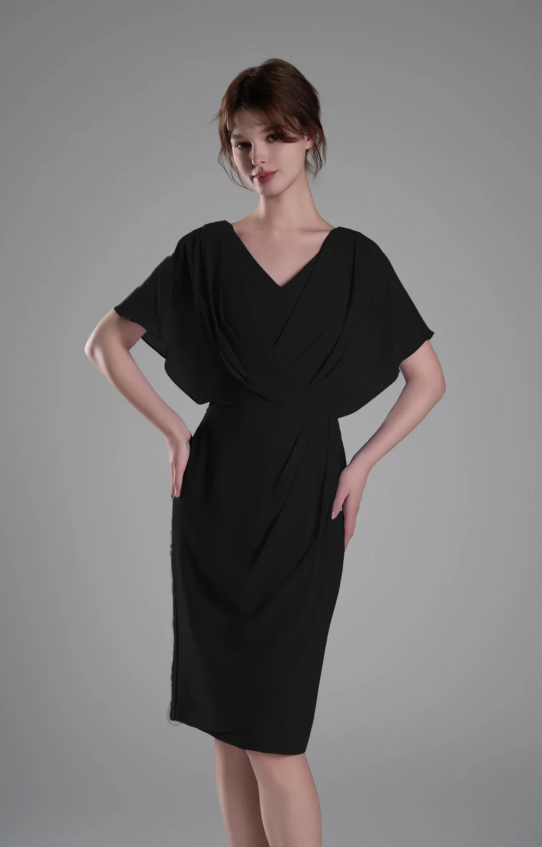 V-neck Pleated Cape Knee-length Dresses