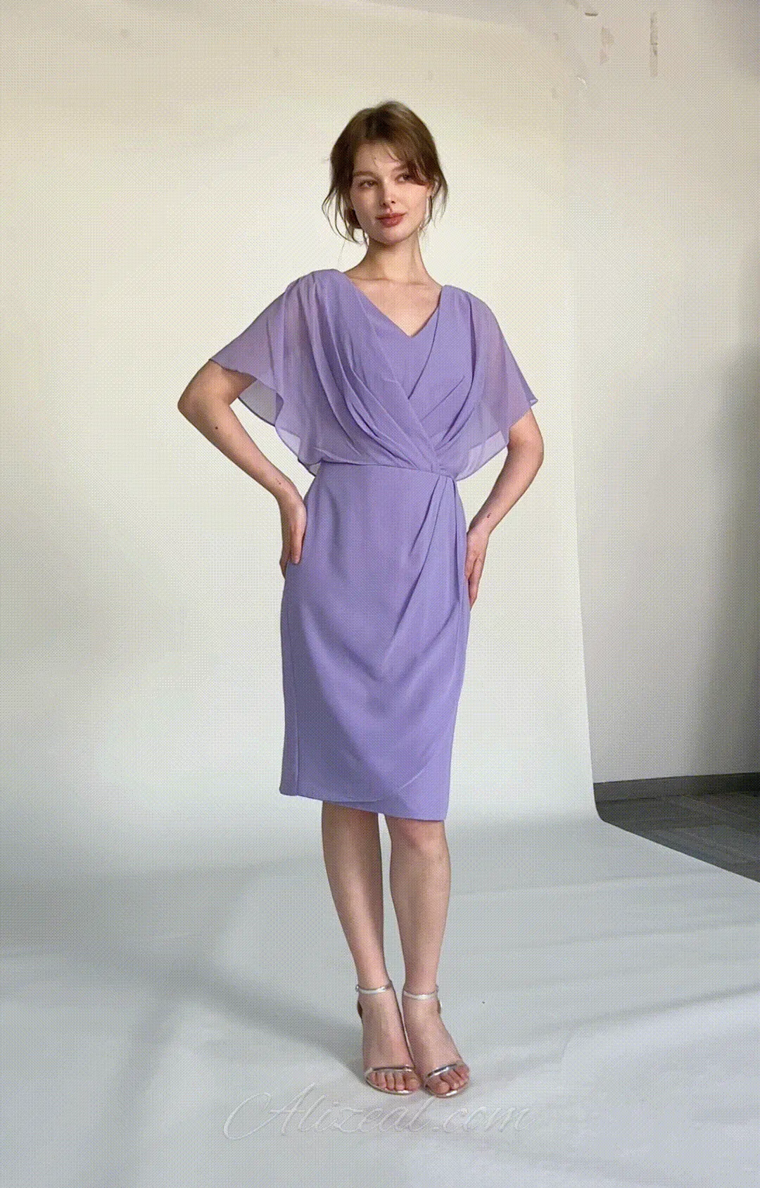 V-neck Pleated Cape Knee-length Dresses