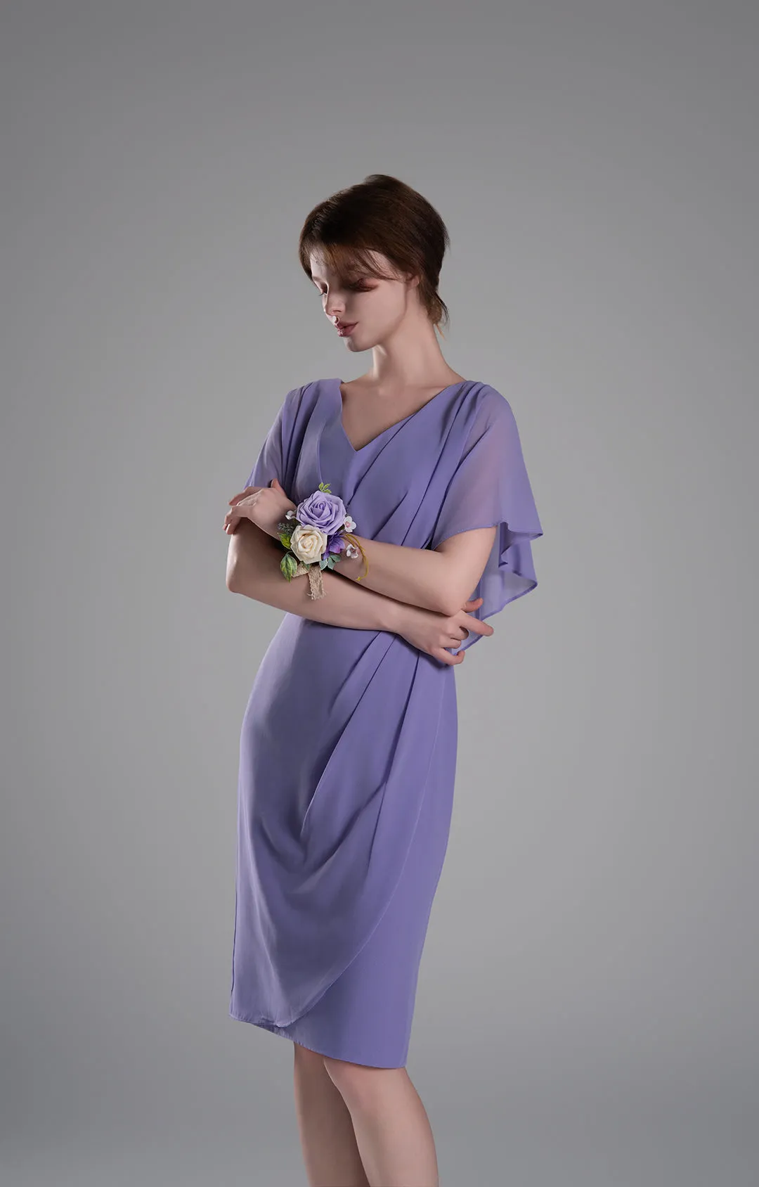 V-neck Pleated Cape Knee-length Dresses